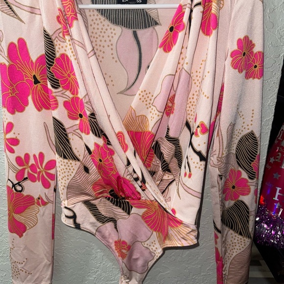 Express Tops - Express Vibrant Pink and Black Floral Bodysuit